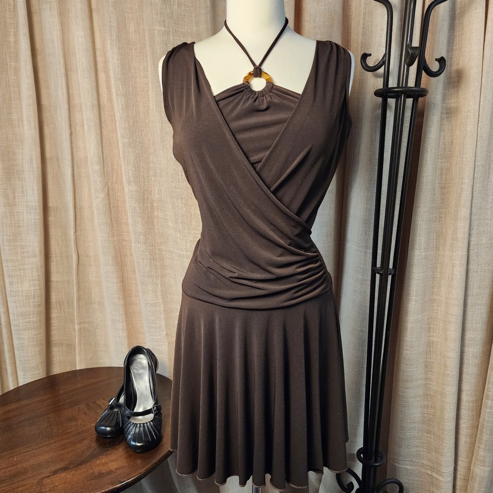Y2K BCX Chocolate Brown Ring Halter Dress M Ruched Whimsigoth Made USA